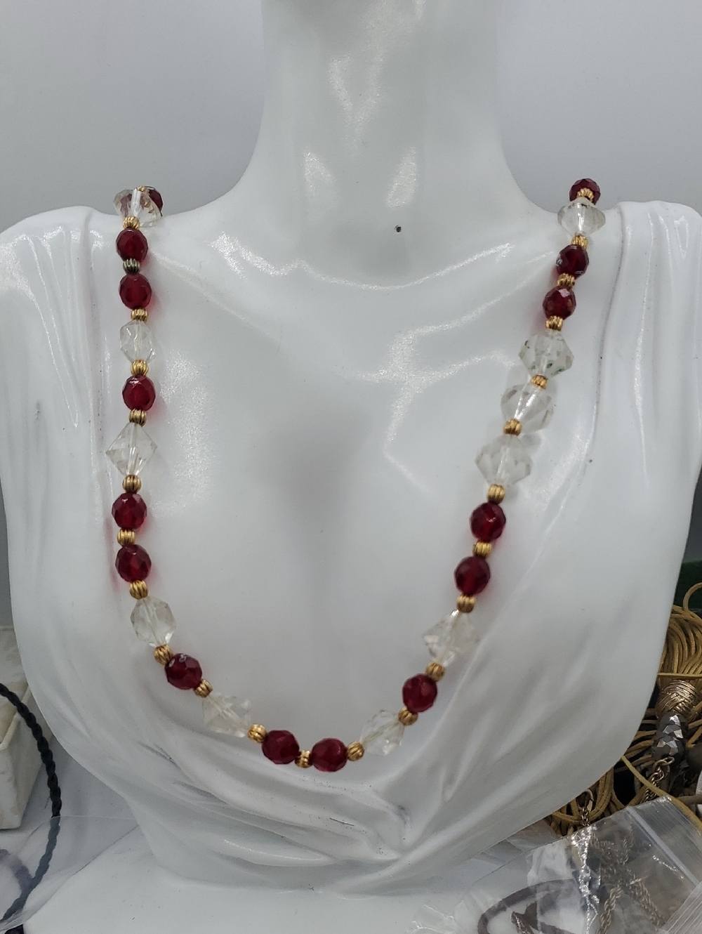 Elegant Red and Crystal Clear Beaded Necklace 30 Inch N3932